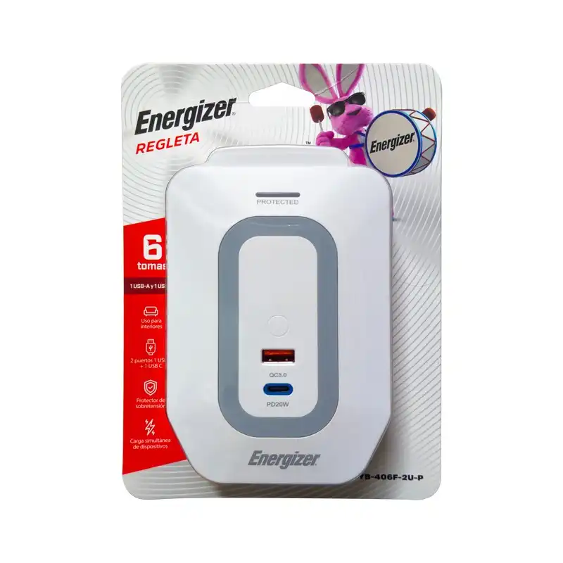 Regleta 6 Tomas Puerto USB-A y USB-C Energizer YB406F2UP